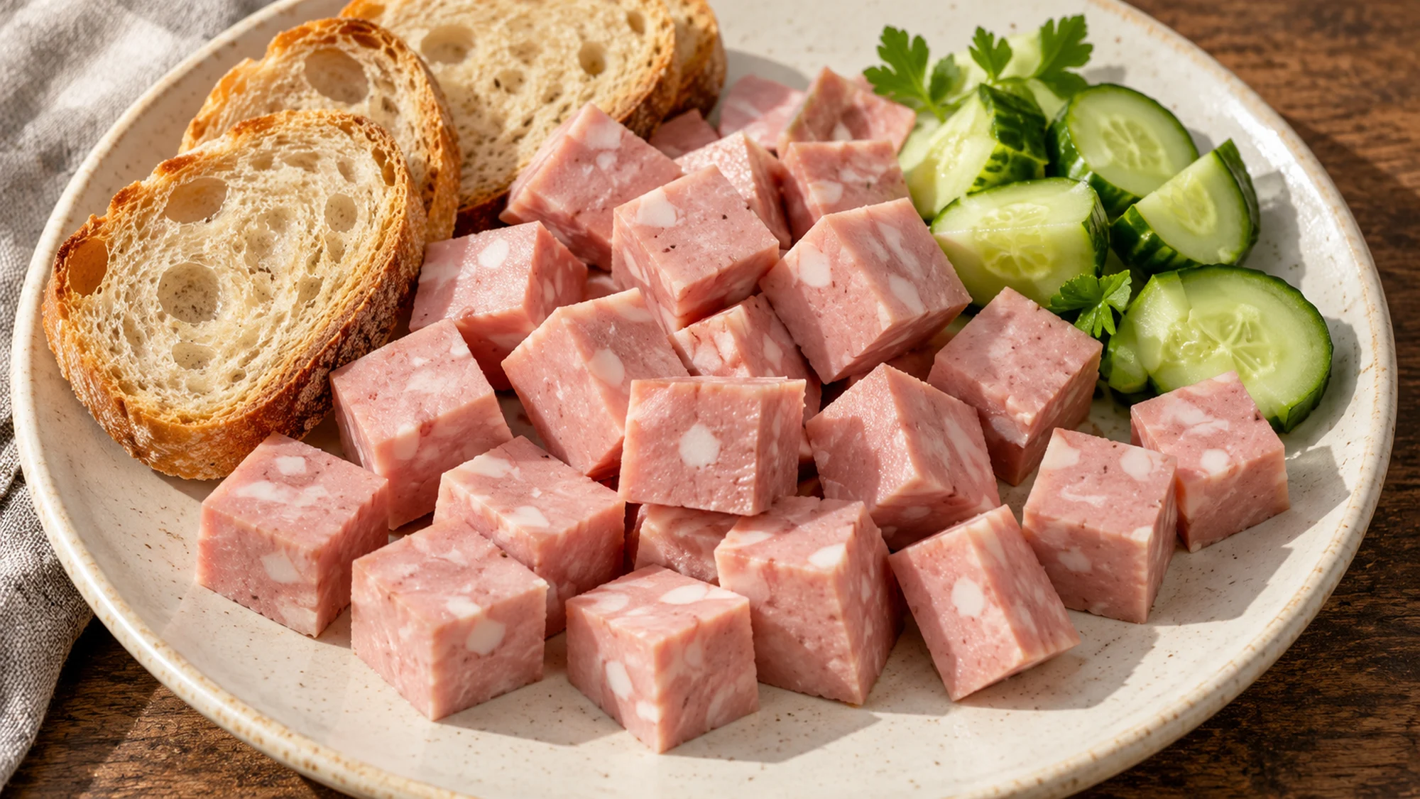 Pink mortadella cubes with white fat pieces served beside bread and sliced cucumber
