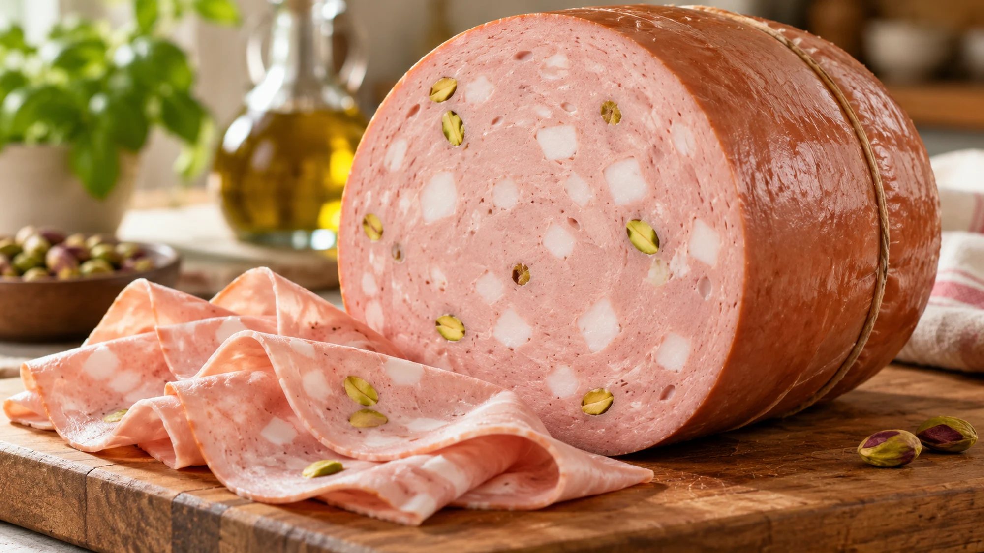 Cut face of a mortadella sausage showing smooth pink meat, white fat cubes and pistachios