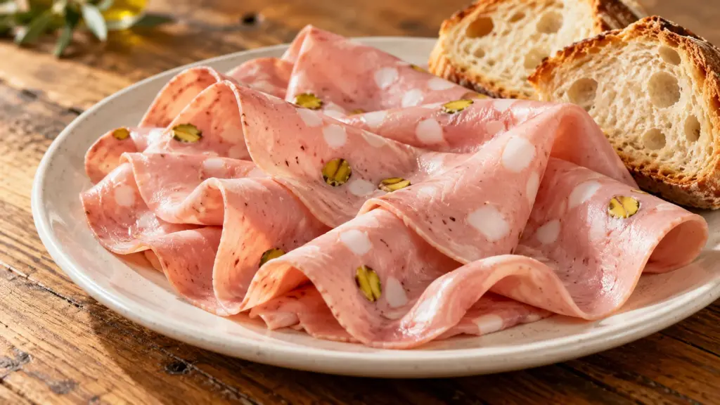 Thin pink mortadella slices with white fat cubes and pistachios beside bread
