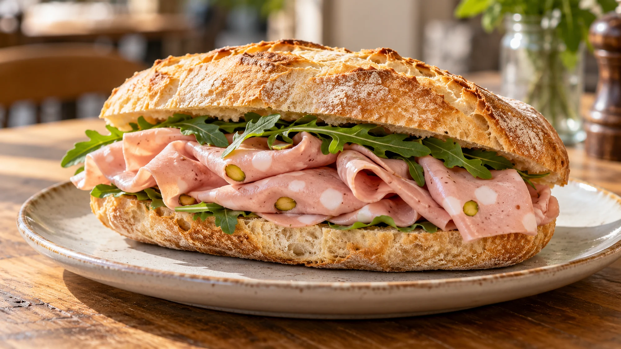 Folded mortadella slices and green leaves in a crusty bread sandwich