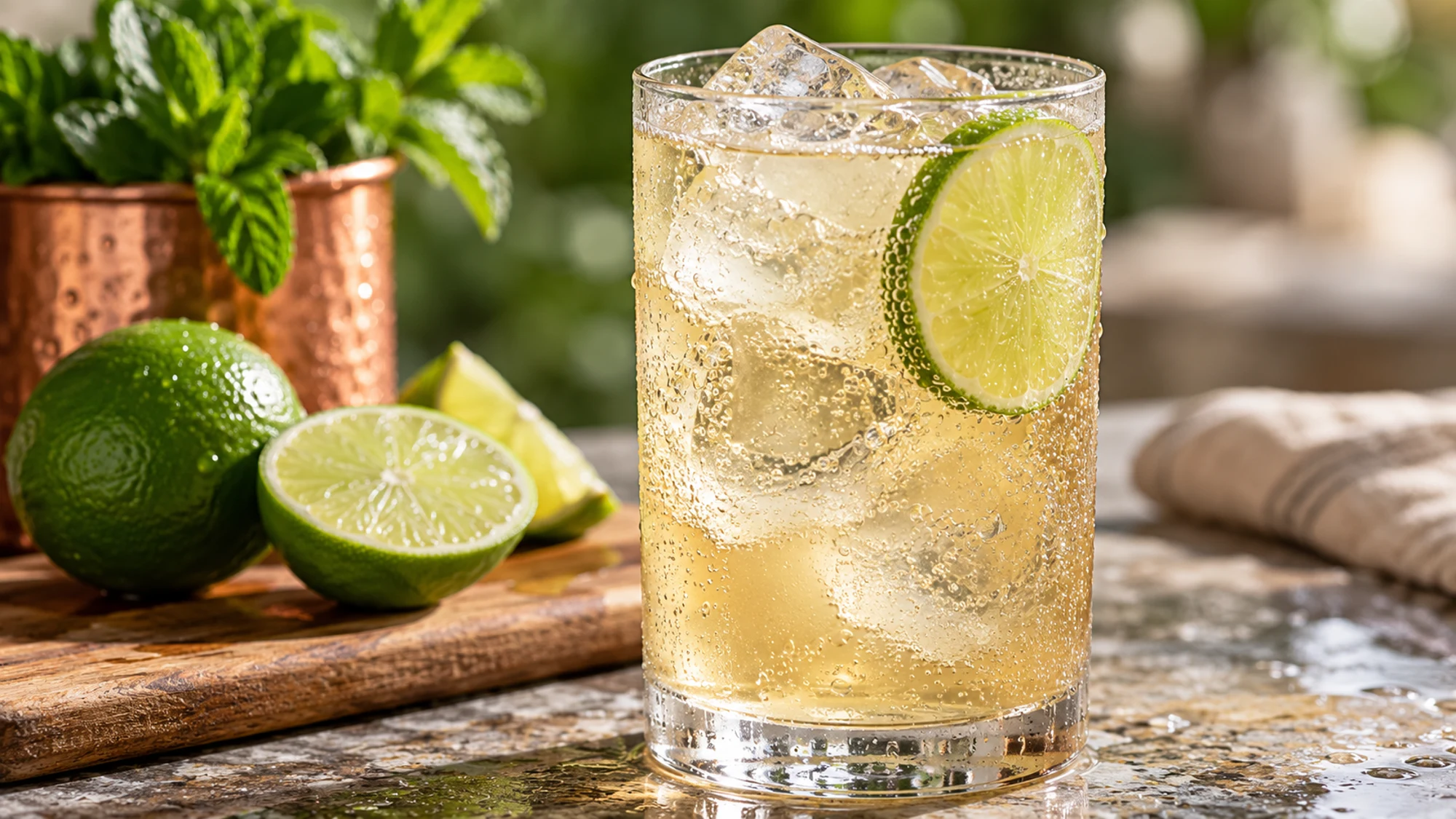 Ice, lime and ginger beer bubbles in a Moscow Mule