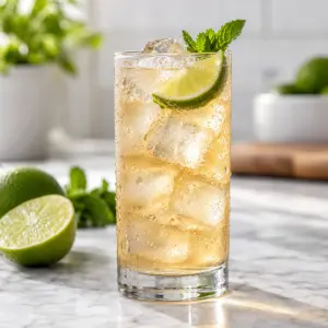 Moscow Mule cocktail in a clear glass with lime and ice