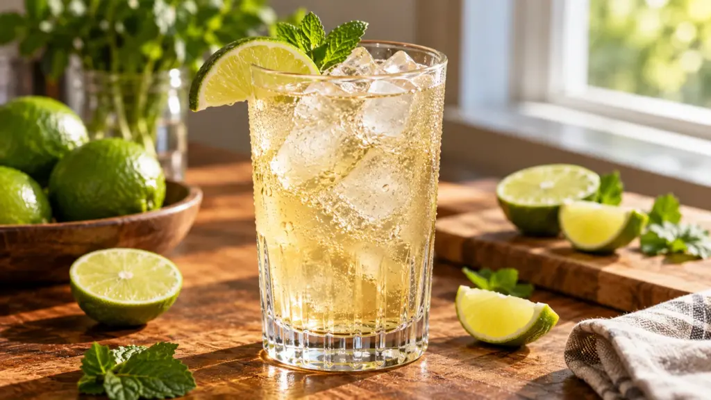 Moscow Mule in a clear glass with ice and lime