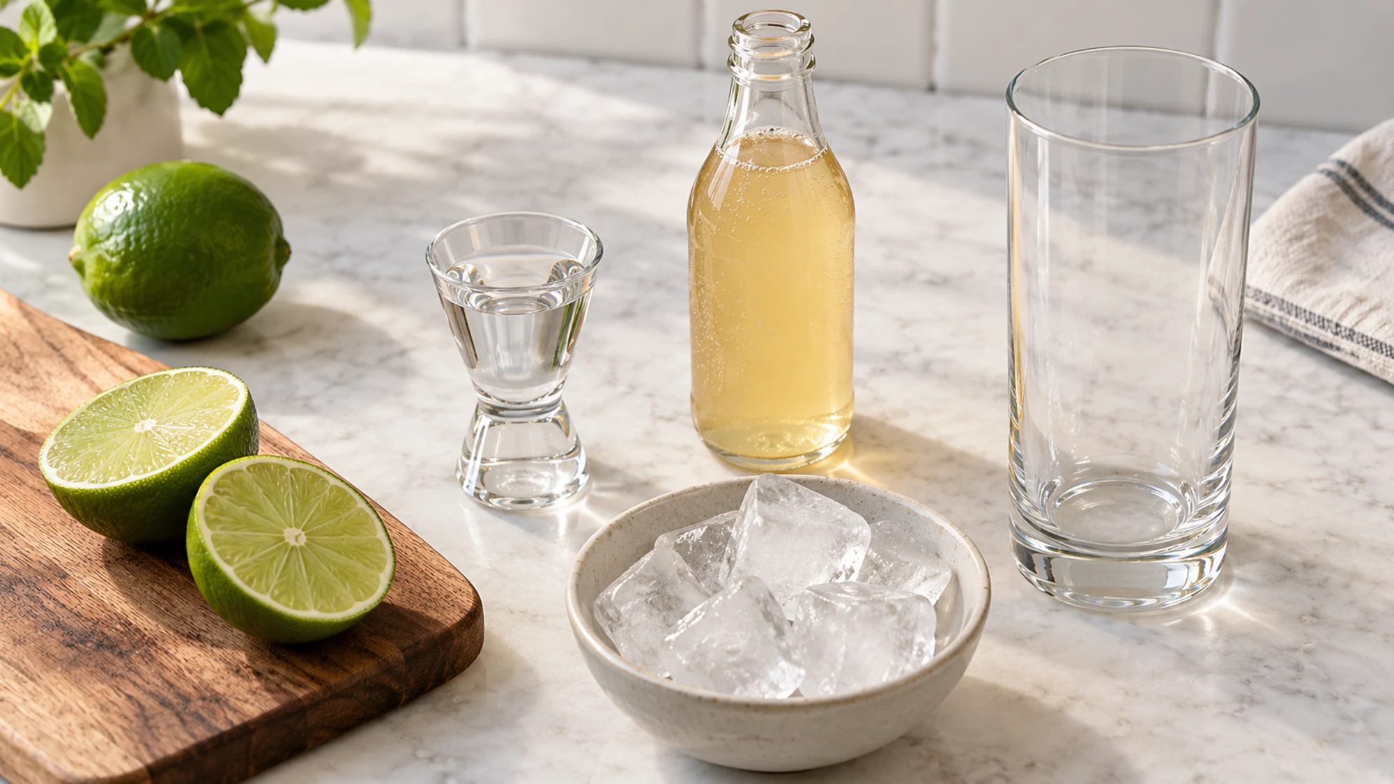 Lime, ginger beer, measured vodka and ice for a Moscow Mule