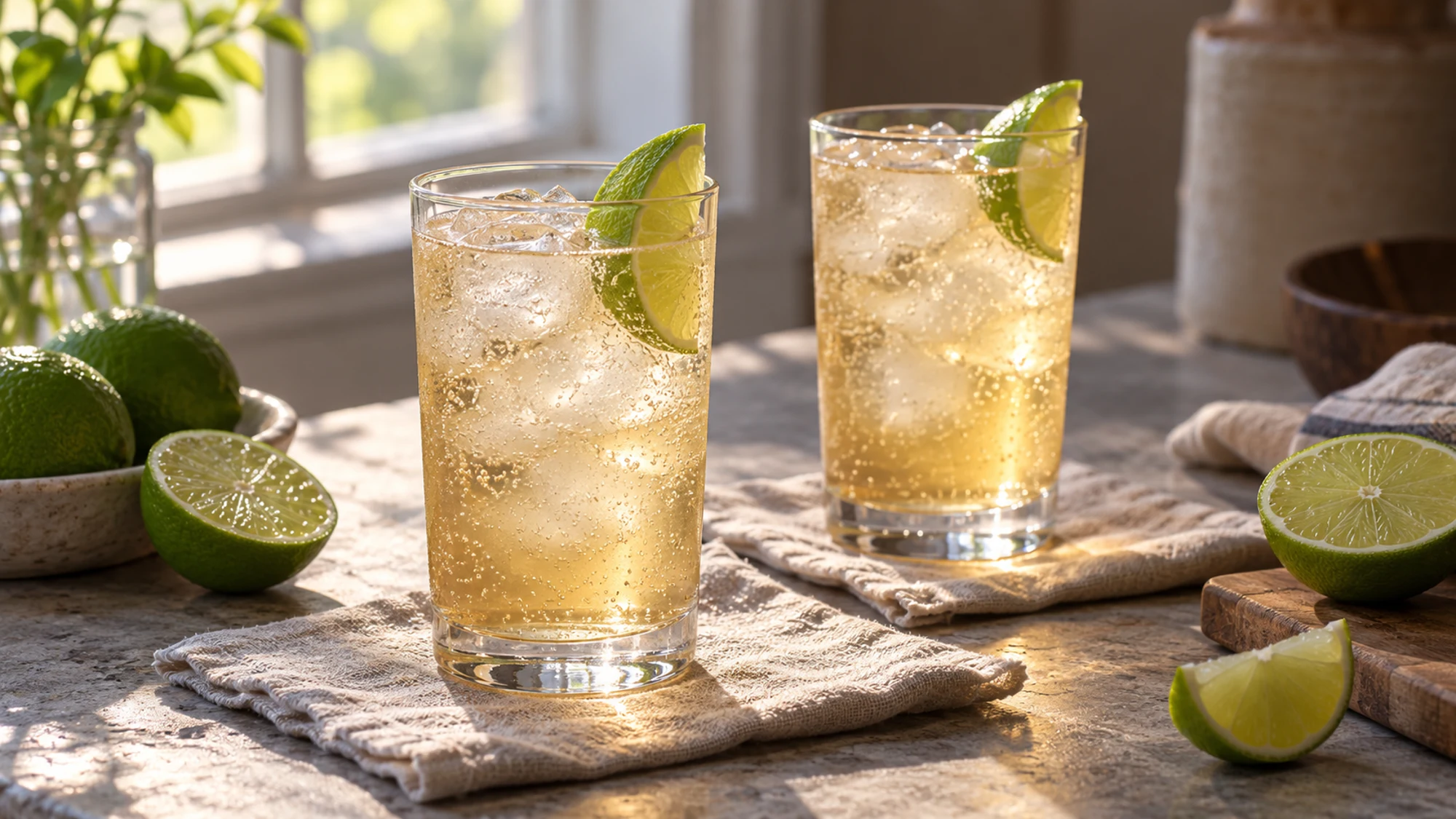 Two Moscow Mule cocktails served with lime