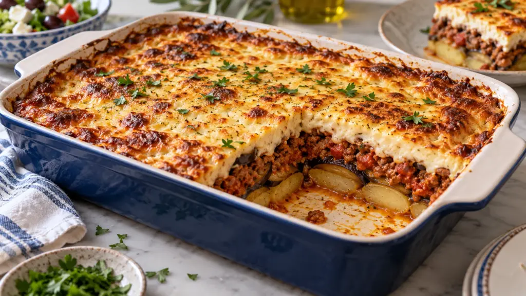 Moussaka with a golden béchamel topping in a rectangular casserole