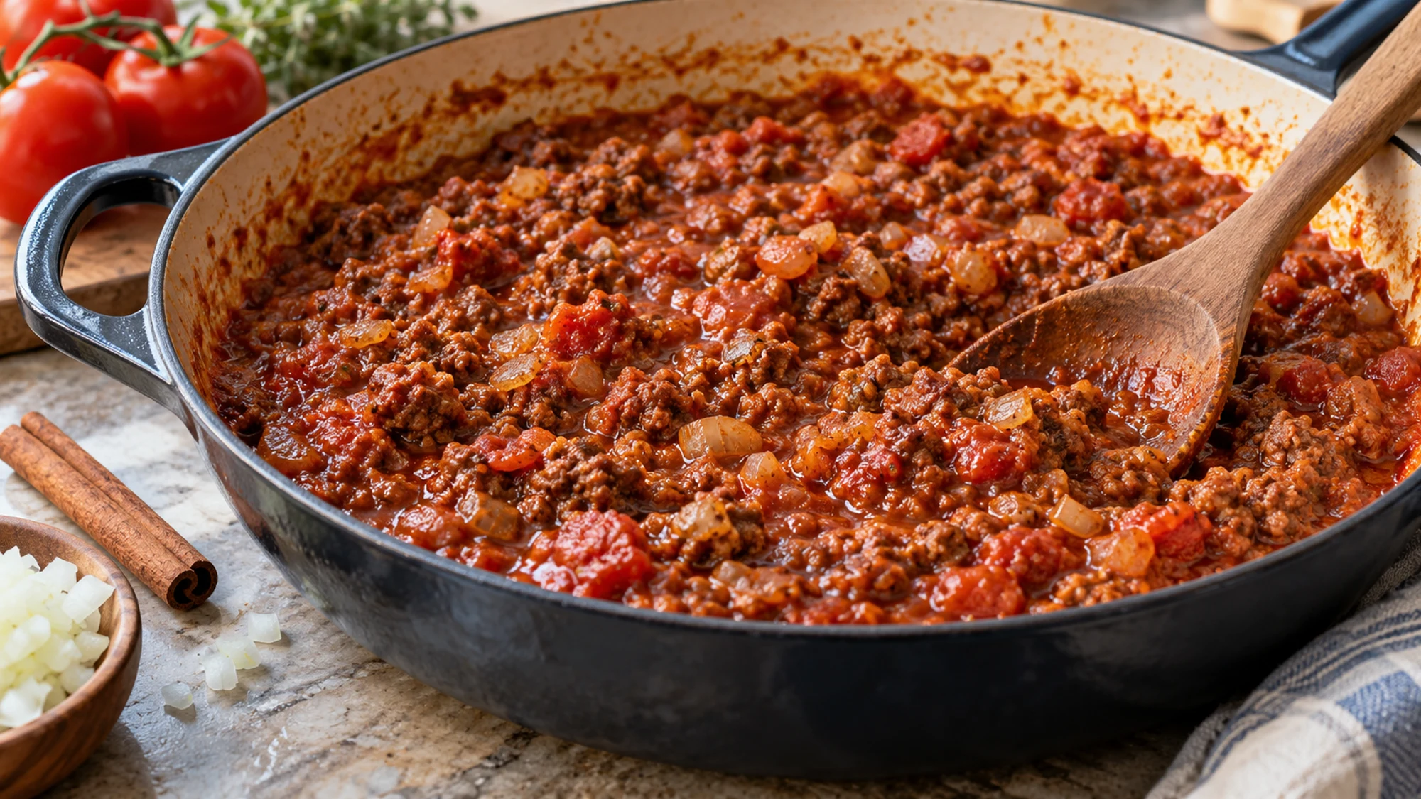 Moussaka beef and tomato sauce reduced in a skillet