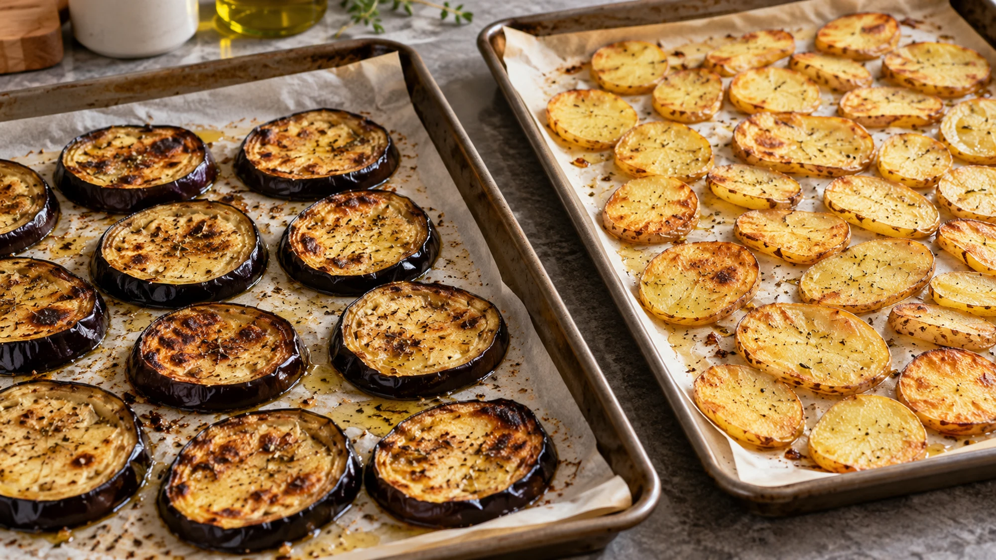 Moussaka preparation with roasted eggplant rounds and potato slices