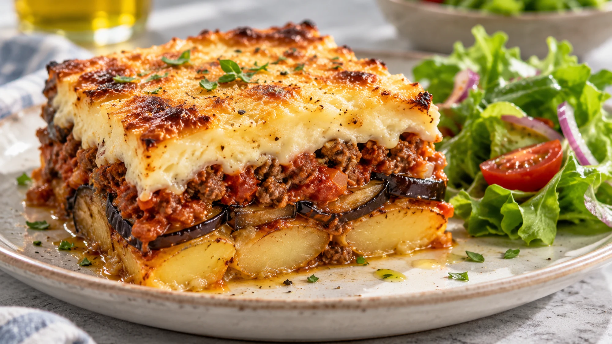 Moussaka portion with eggplant potato beef and creamy topping