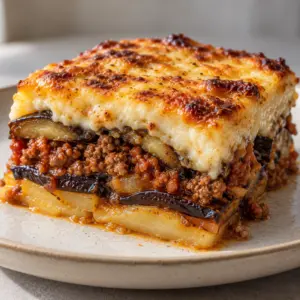 Moussaka showing distinct eggplant beef potato and béchamel layers