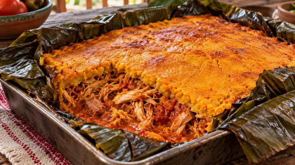 Mucbipollo in a banana-leaf-lined pan with a chicken and pork filling
