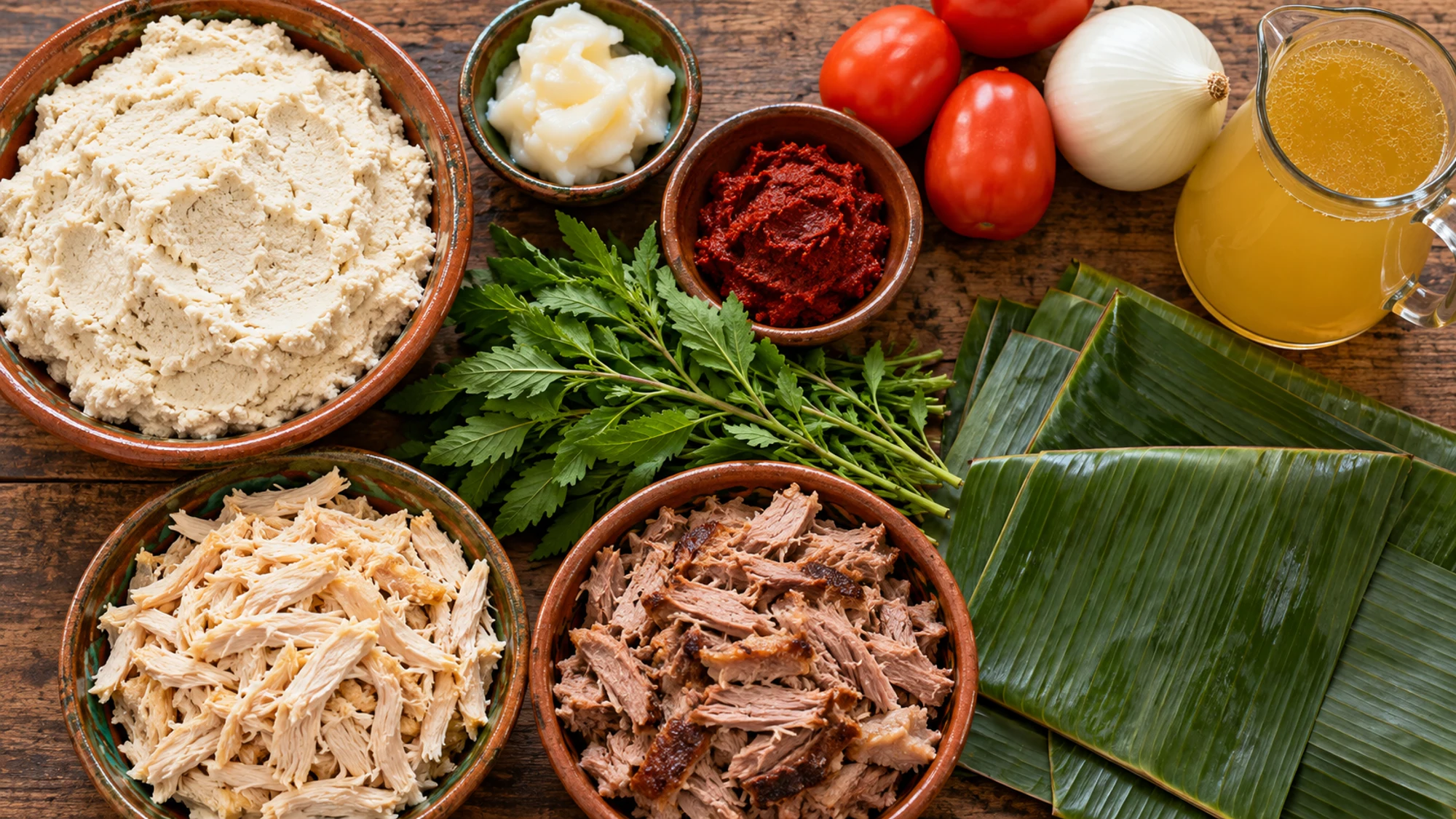 Masa, cooked meats, achiote and banana leaves for mucbipollo