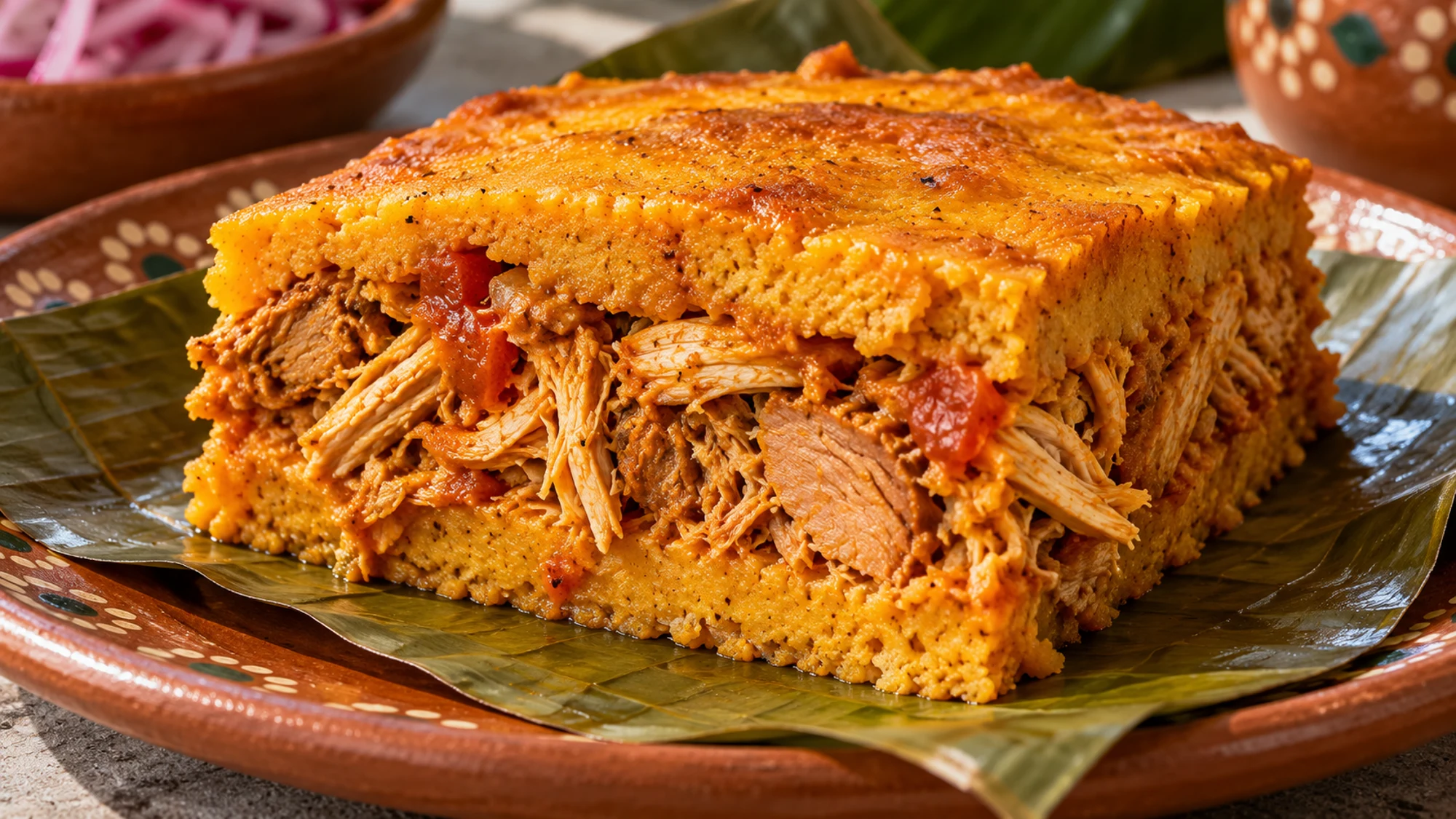 Mucbipollo slice showing its corn masa and meat filling