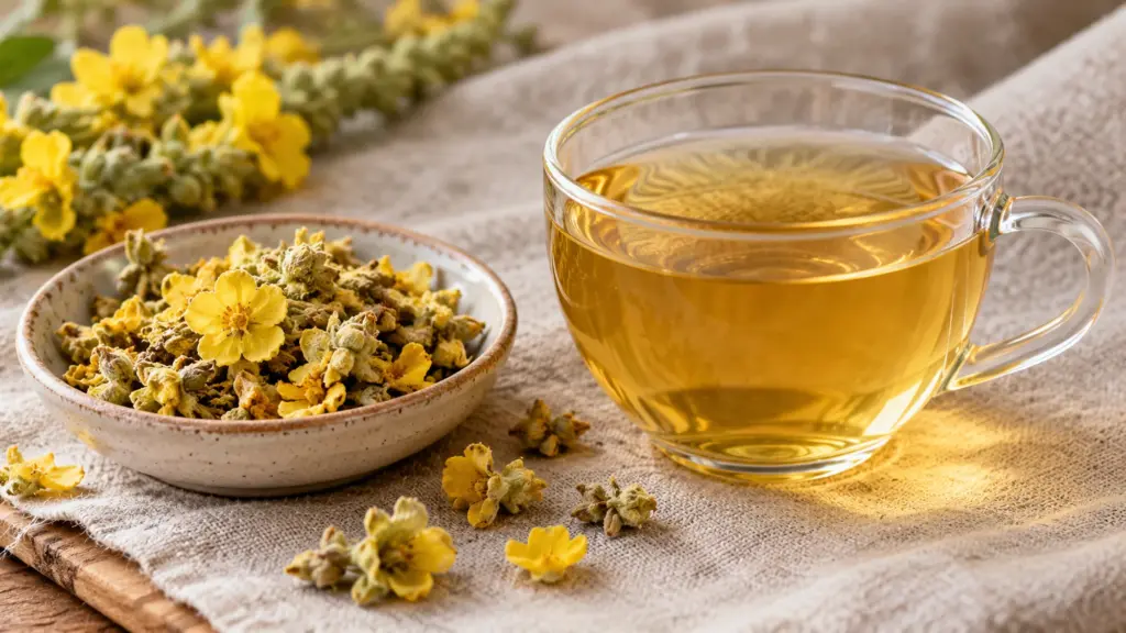 Mullein tea beside a dish of dried yellow flowers