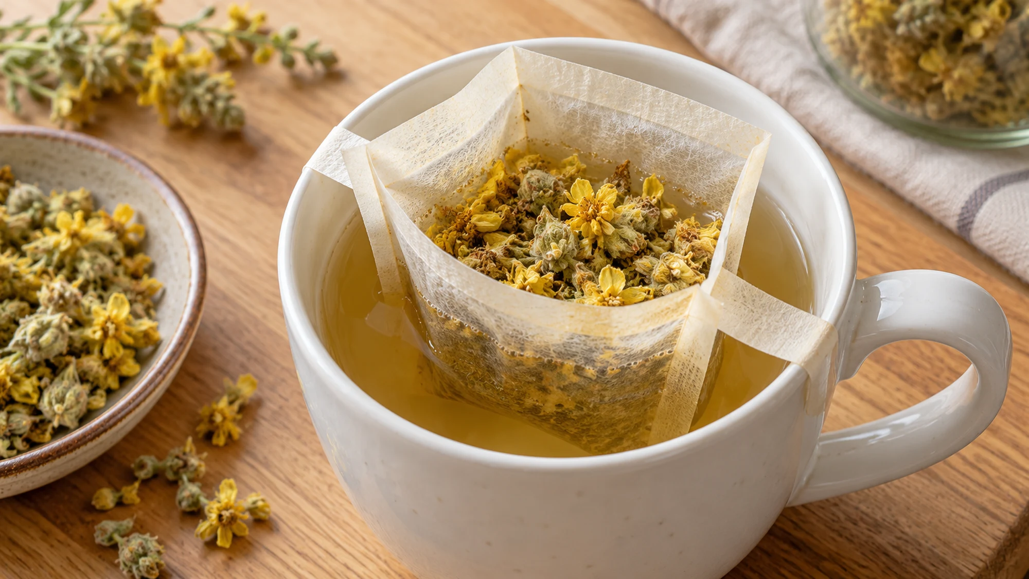 Mullein tea steeping in a paper filter inside a ceramic mug