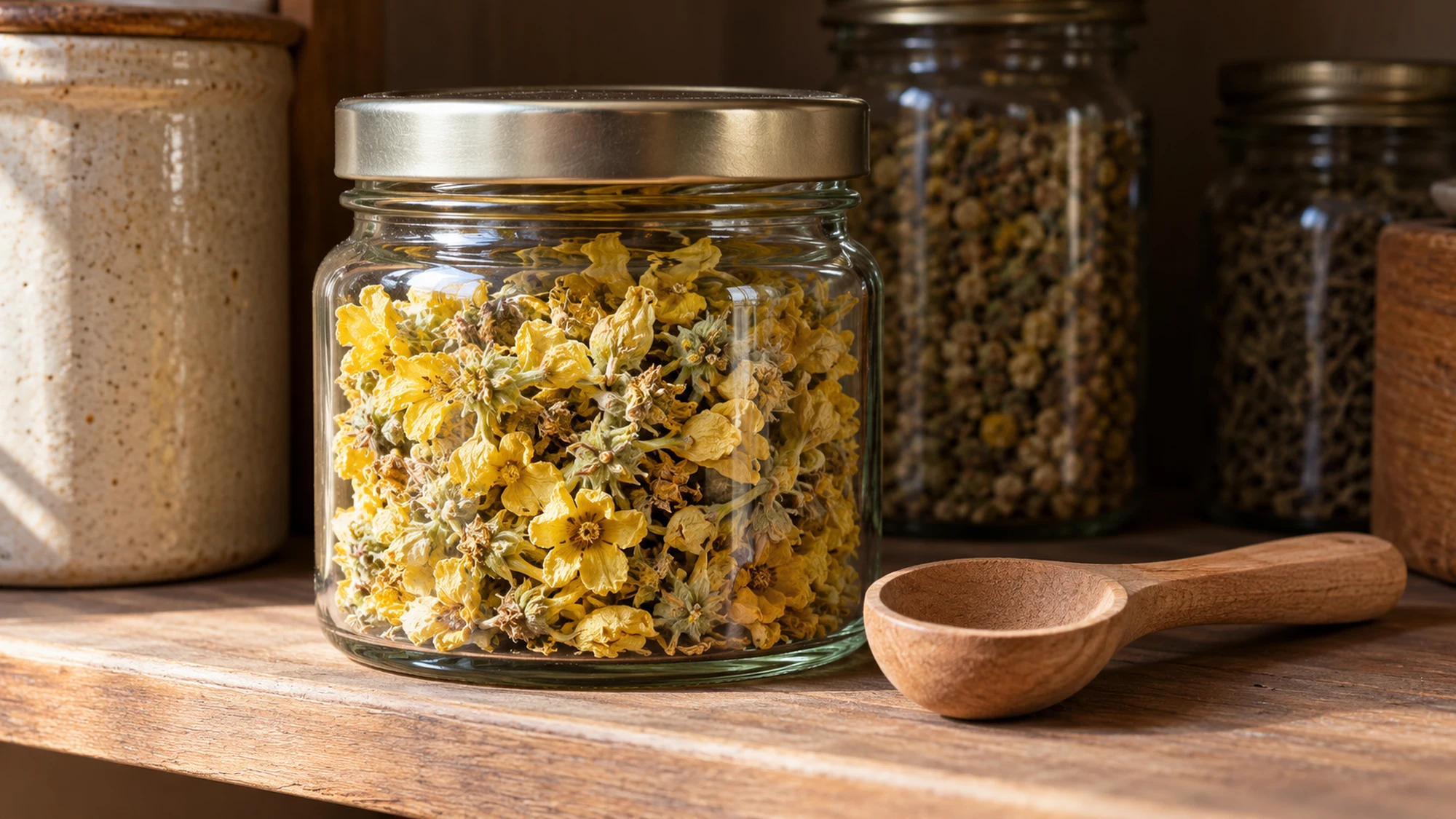 Dried flowers for mullein tea stored in a closed glass jar