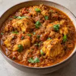 Close view of chicken in the murgh curry recipe sauce