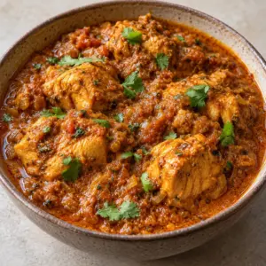 Close view of chicken in the murgh curry recipe sauce