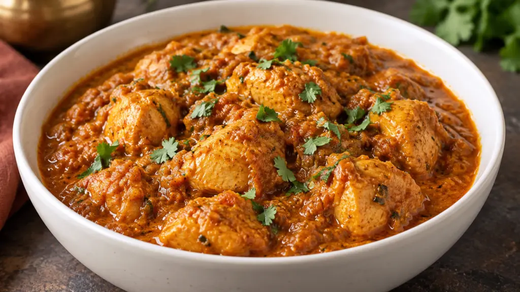 Murgh curry recipe with chicken pieces in onion tomato gravy and cilantro