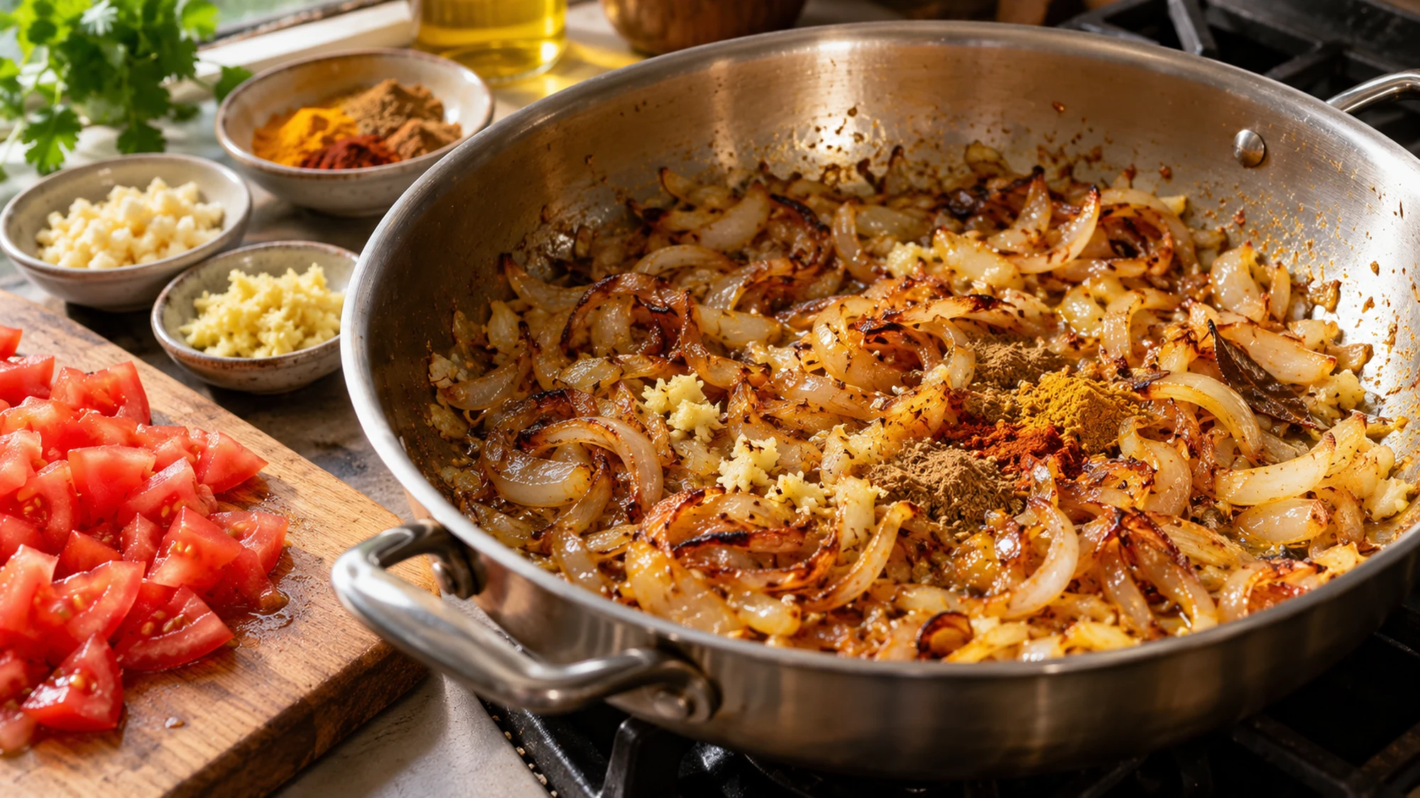 Golden onions, ginger, garlic and spices for murgh curry recipe