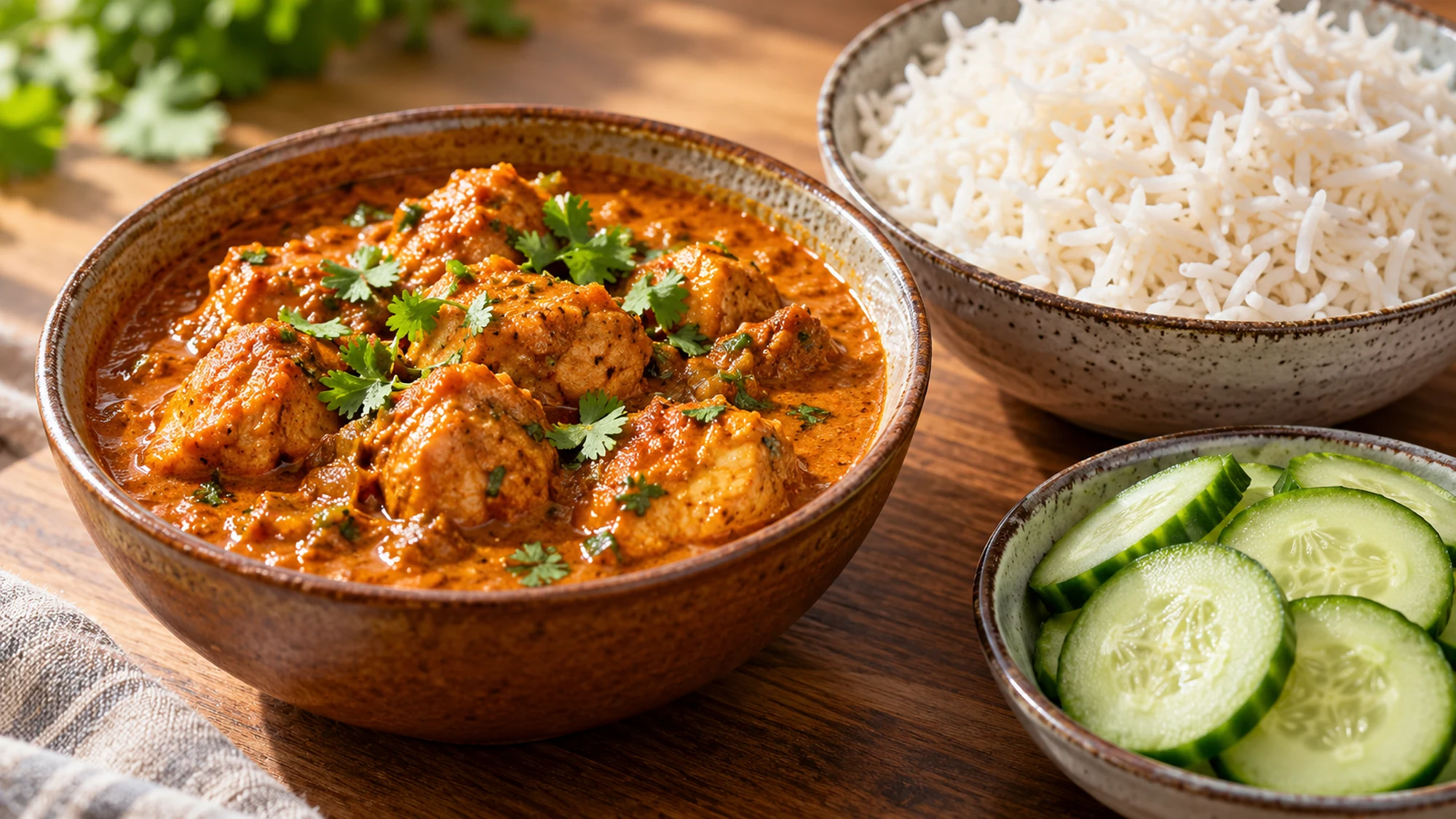 Murgh curry recipe served beside rice and sliced cucumber