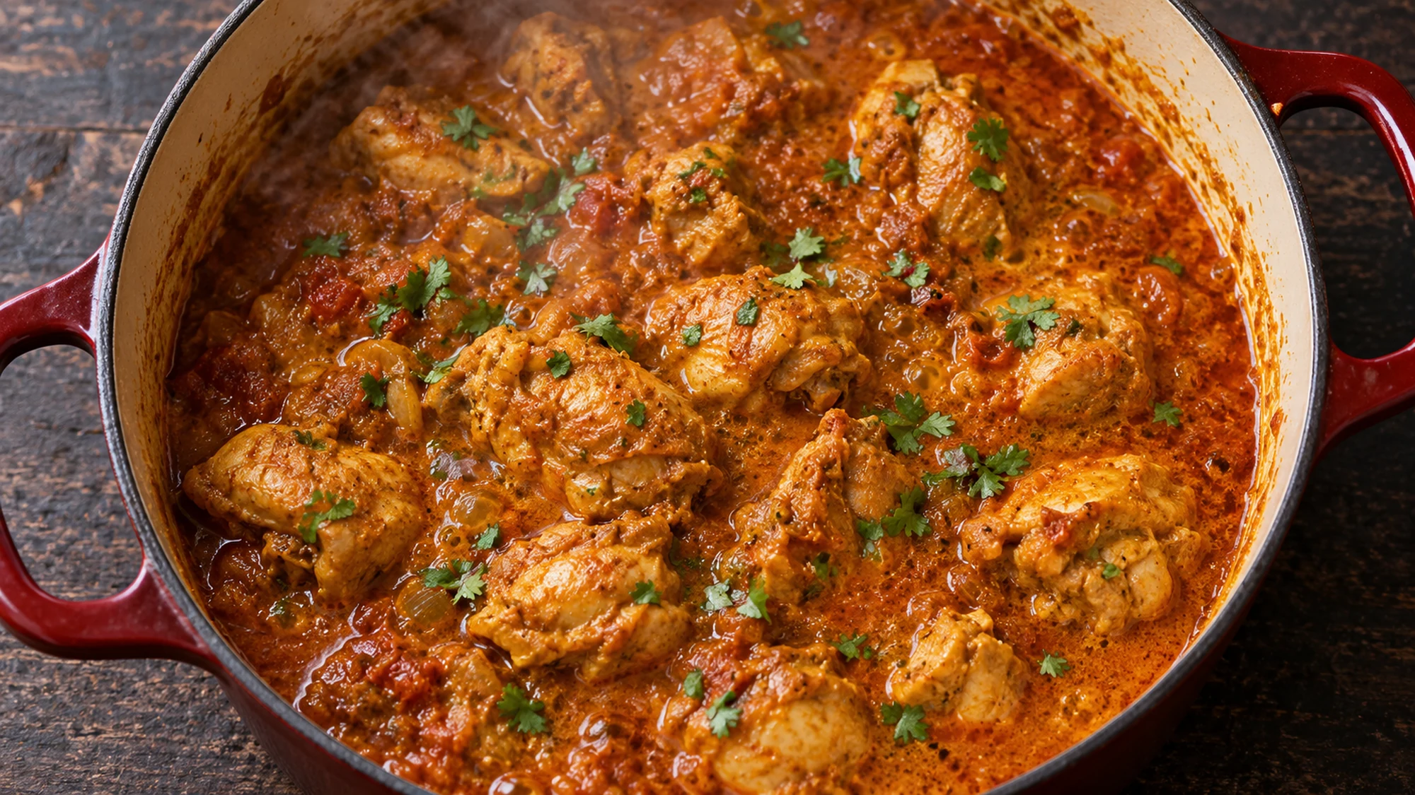 Murgh curry recipe simmering in a heavy pot