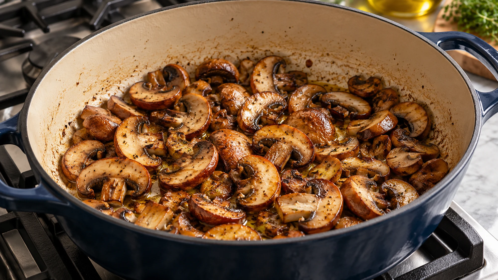 Sliced cremini mushrooms browning for mushroom barley soup