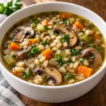 Close view of mushroom barley soup with parsley