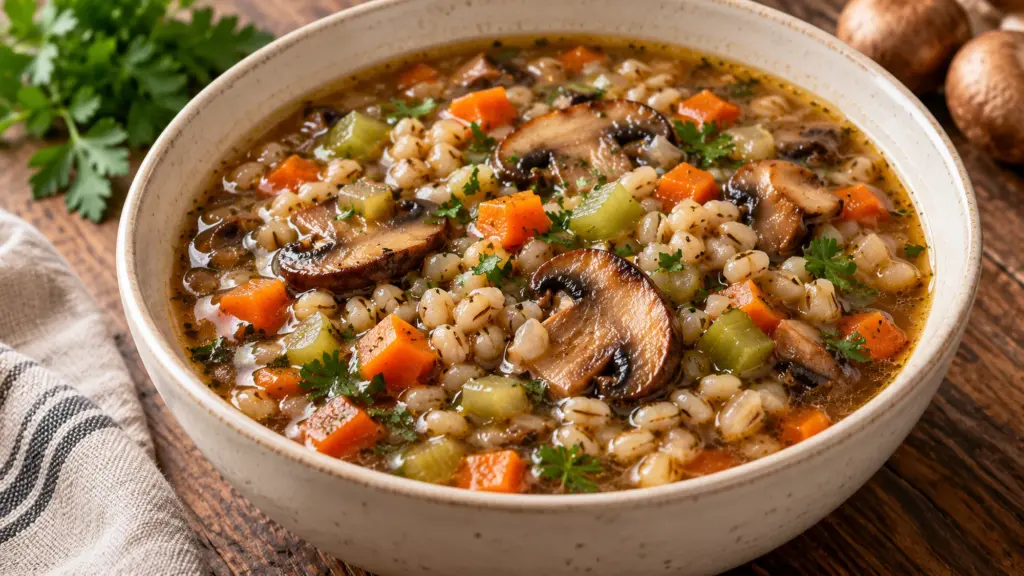 Mushroom barley soup with cremini mushrooms, carrots and celery