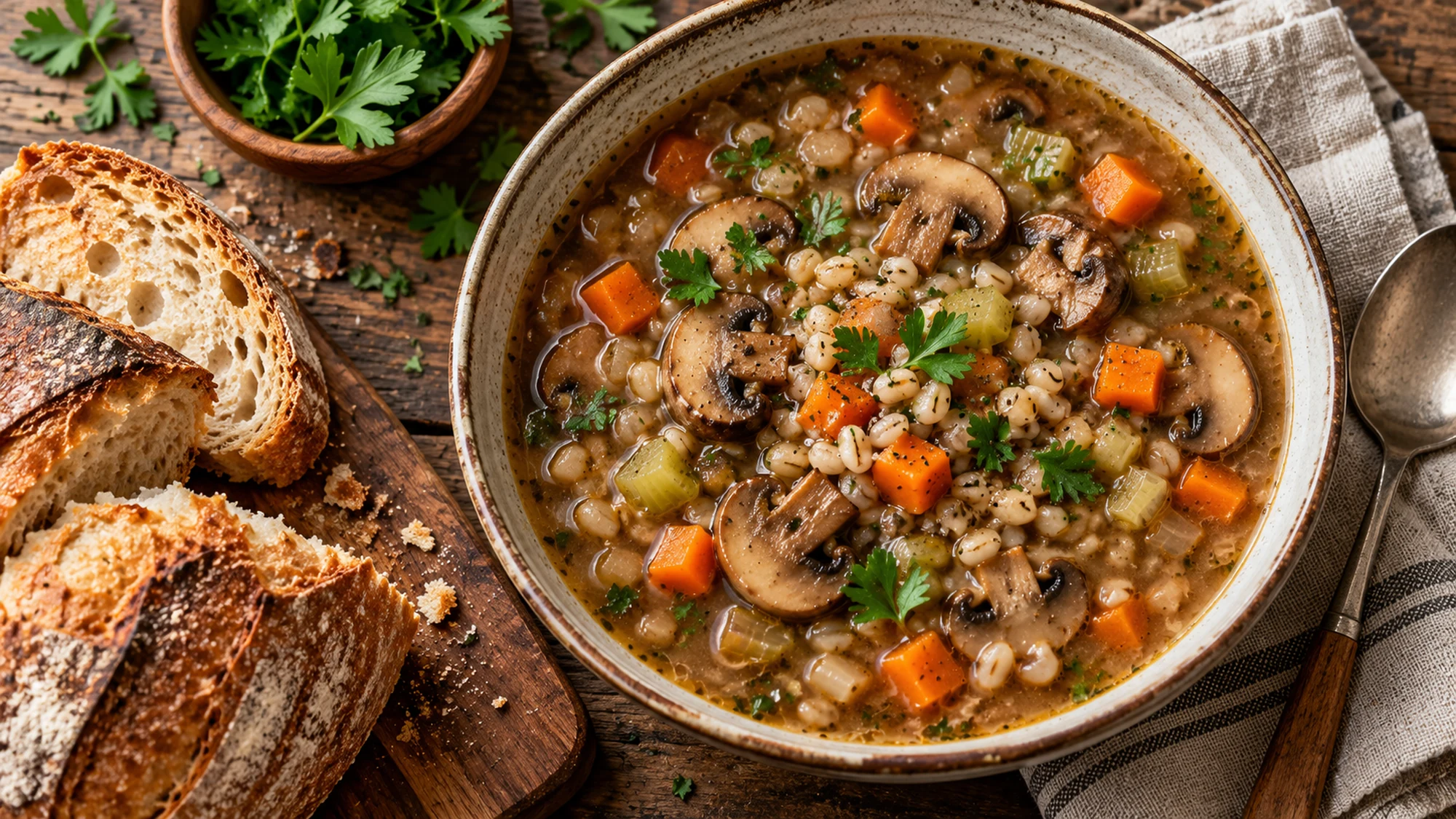 Mushroom barley soup served with bread on the side