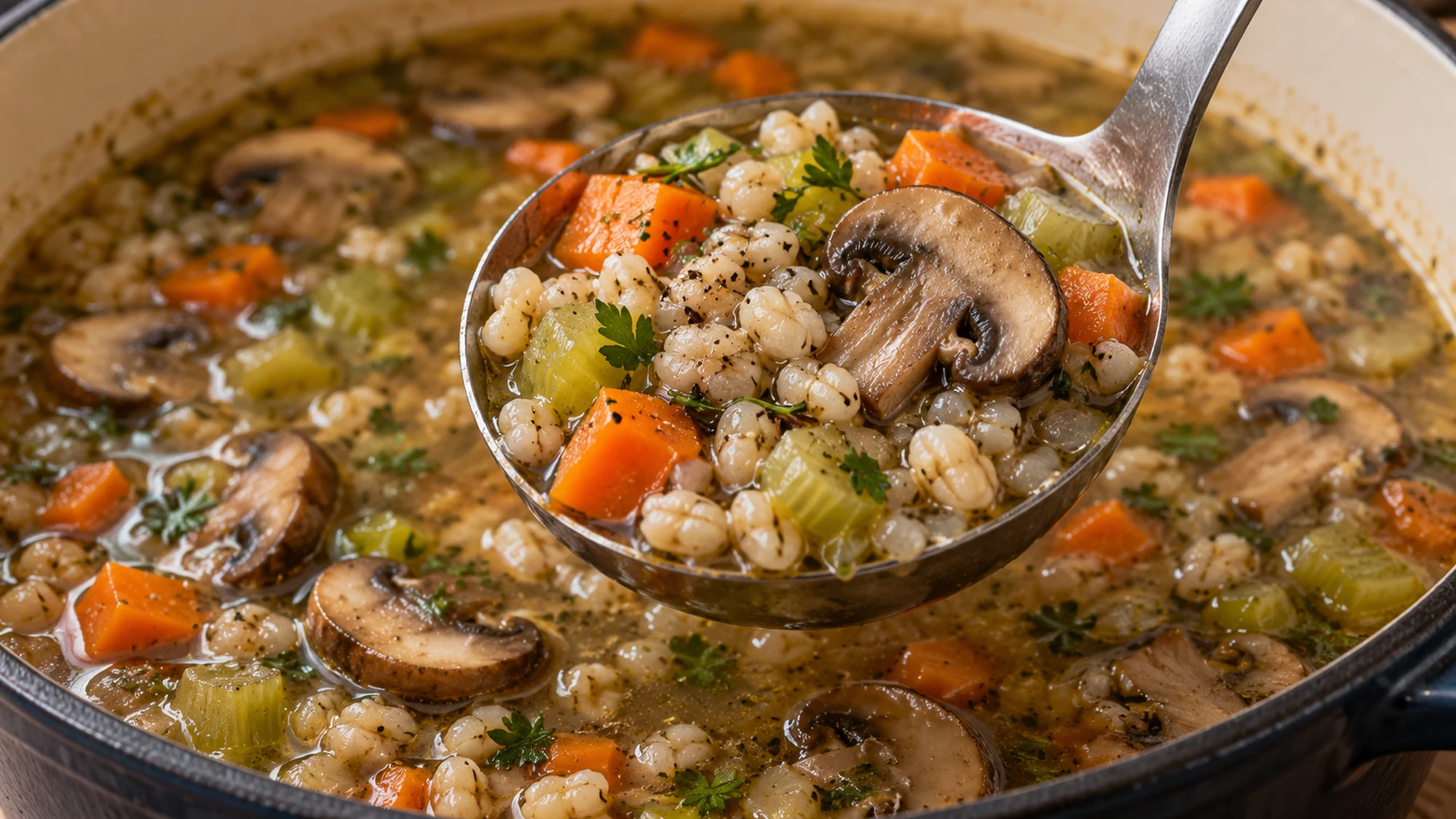 Ladle showing the pearl barley and vegetables in mushroom barley soup