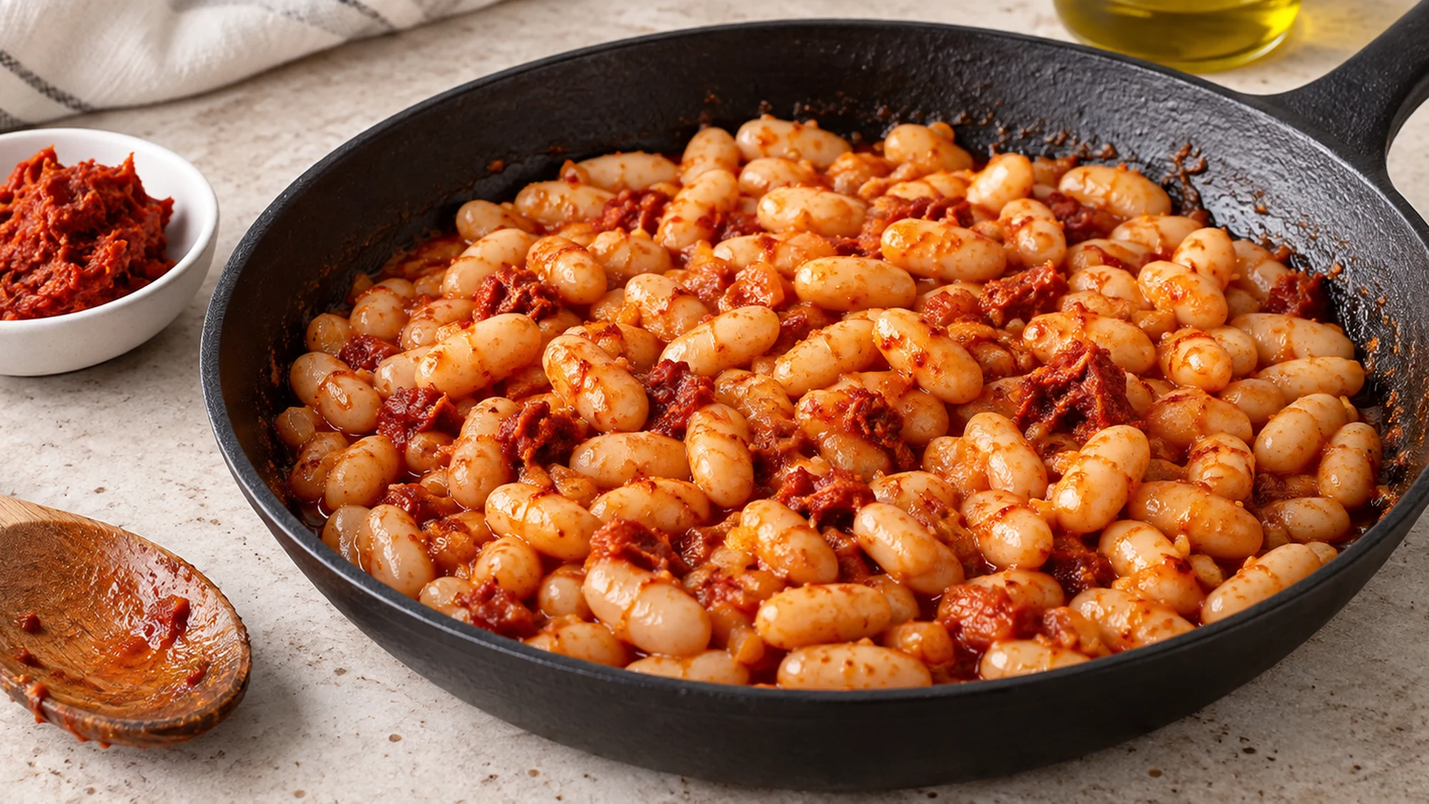 White beans in a skillet with red nduja paste stirred through them