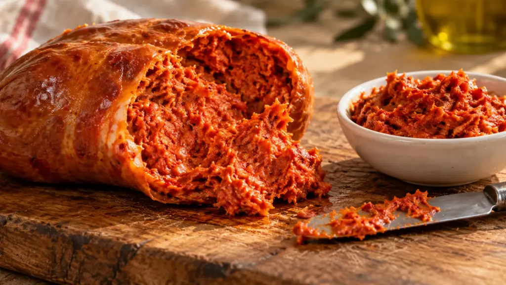 Nduja spreadable salami in its casing with a bowl of the spicy pork paste