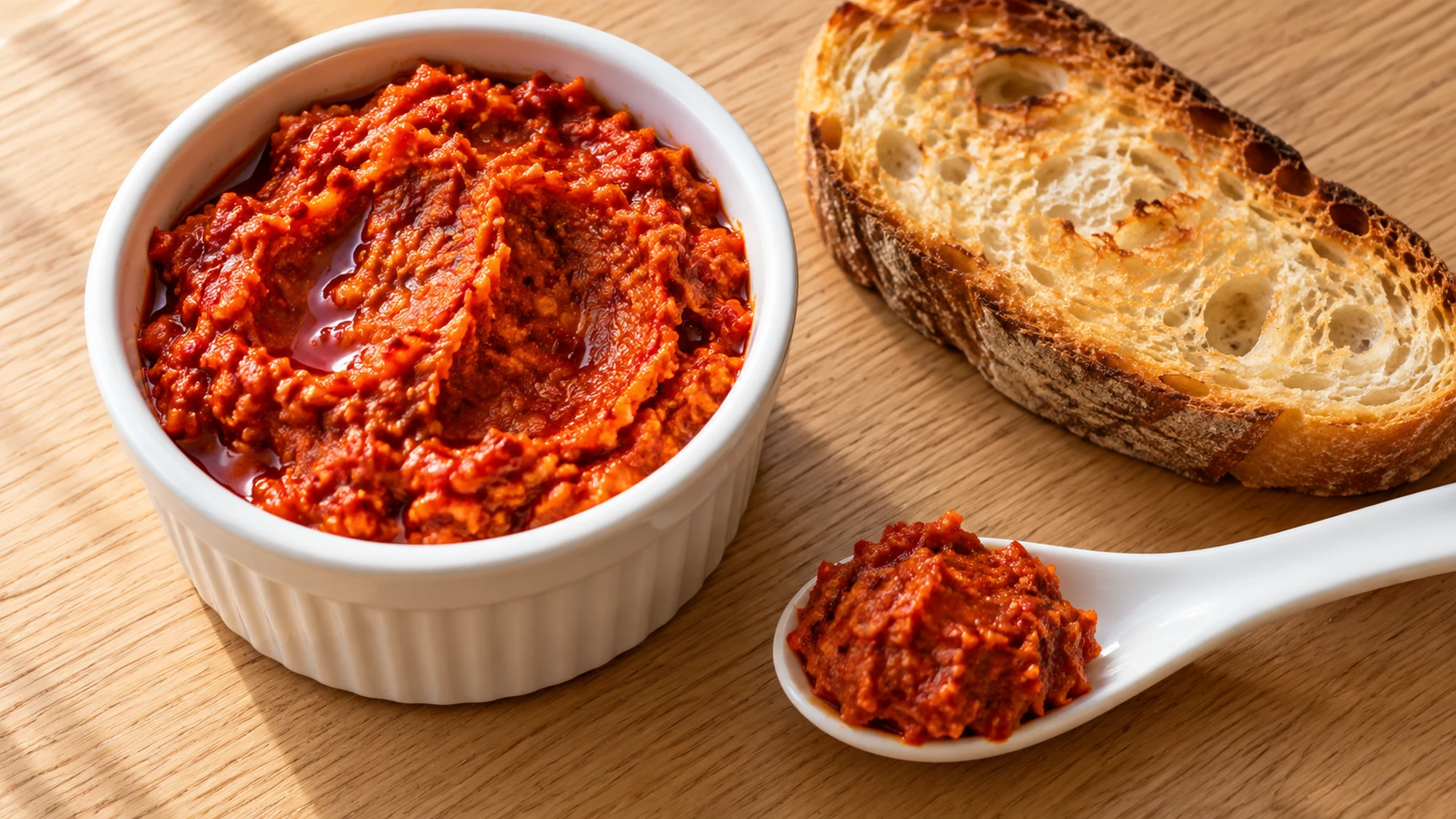 Nduja paste in a ramekin with a spoon and toasted bread