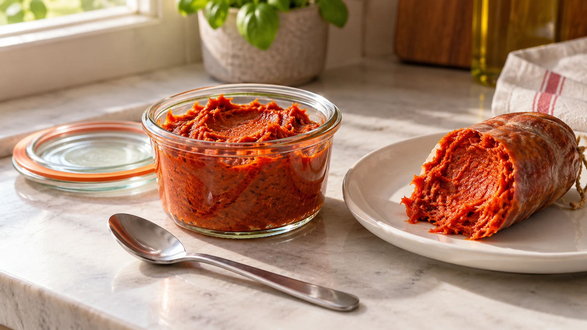 Nduja in a glass storage jar beside a piece in its casing