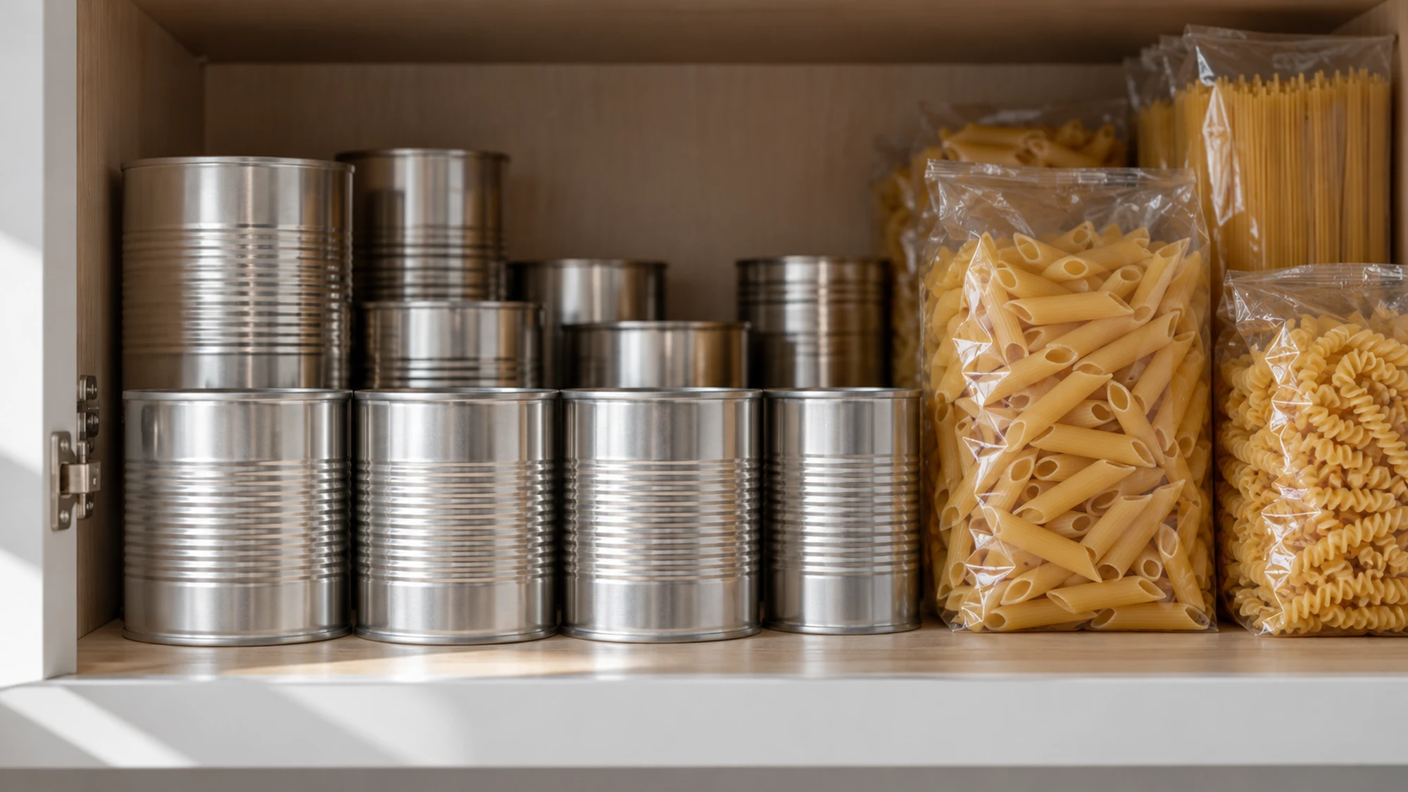 Non perishable food cans and dry pasta arranged inside a cupboard