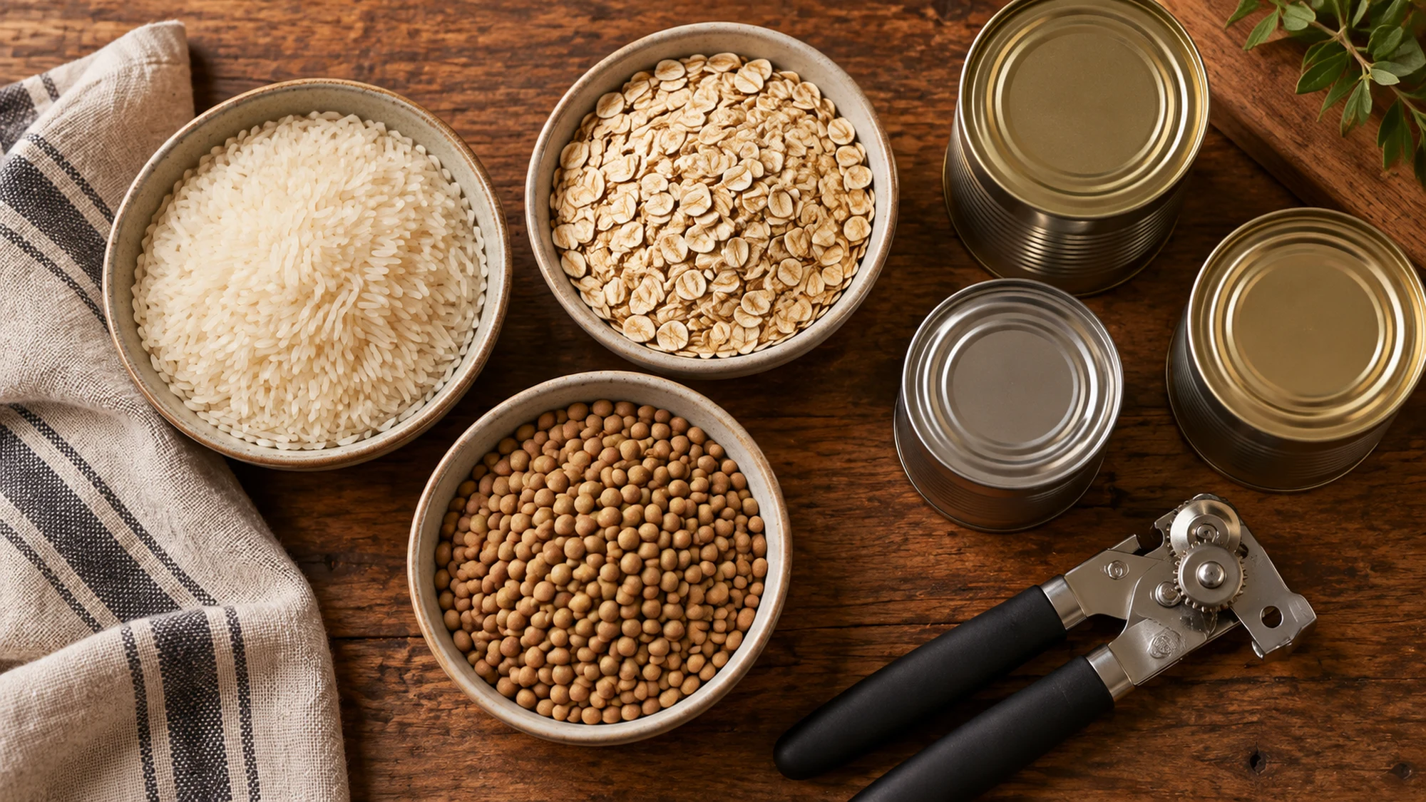 Non perishable food staples with rice, oats, lentils and a can opener