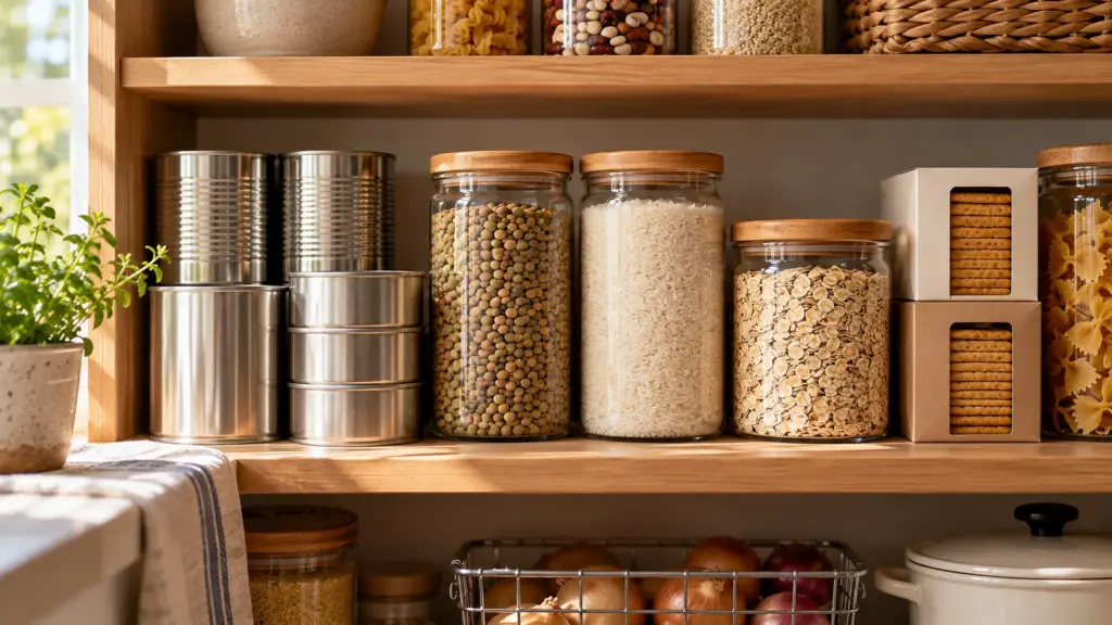 Non perishable food arranged on a pantry shelf in sealed cans and jars