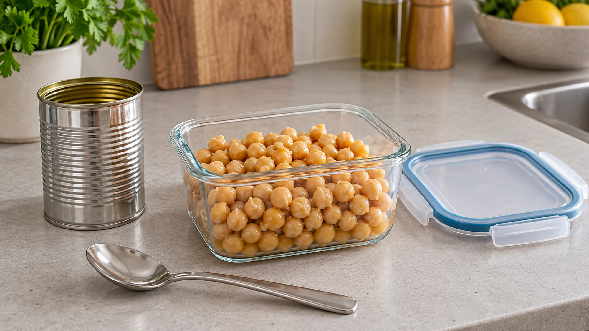 Non perishable food after opening: chickpeas transferred to a storage container