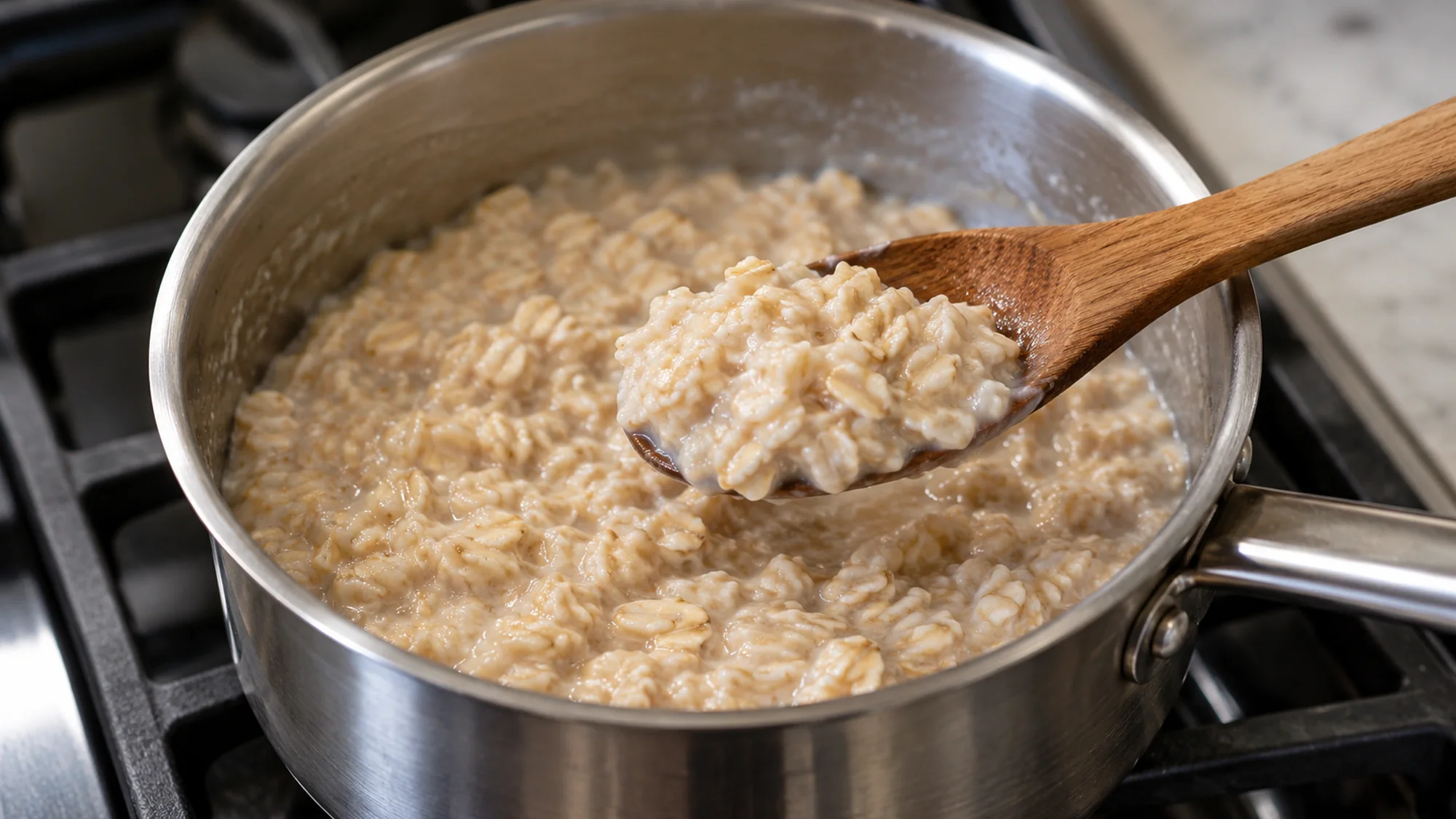 Old fashioned oats cooked into porridge in a stainless steel saucepan