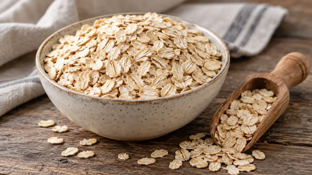 Old fashioned oats with flat rolled flakes in a bowl and wooden scoop