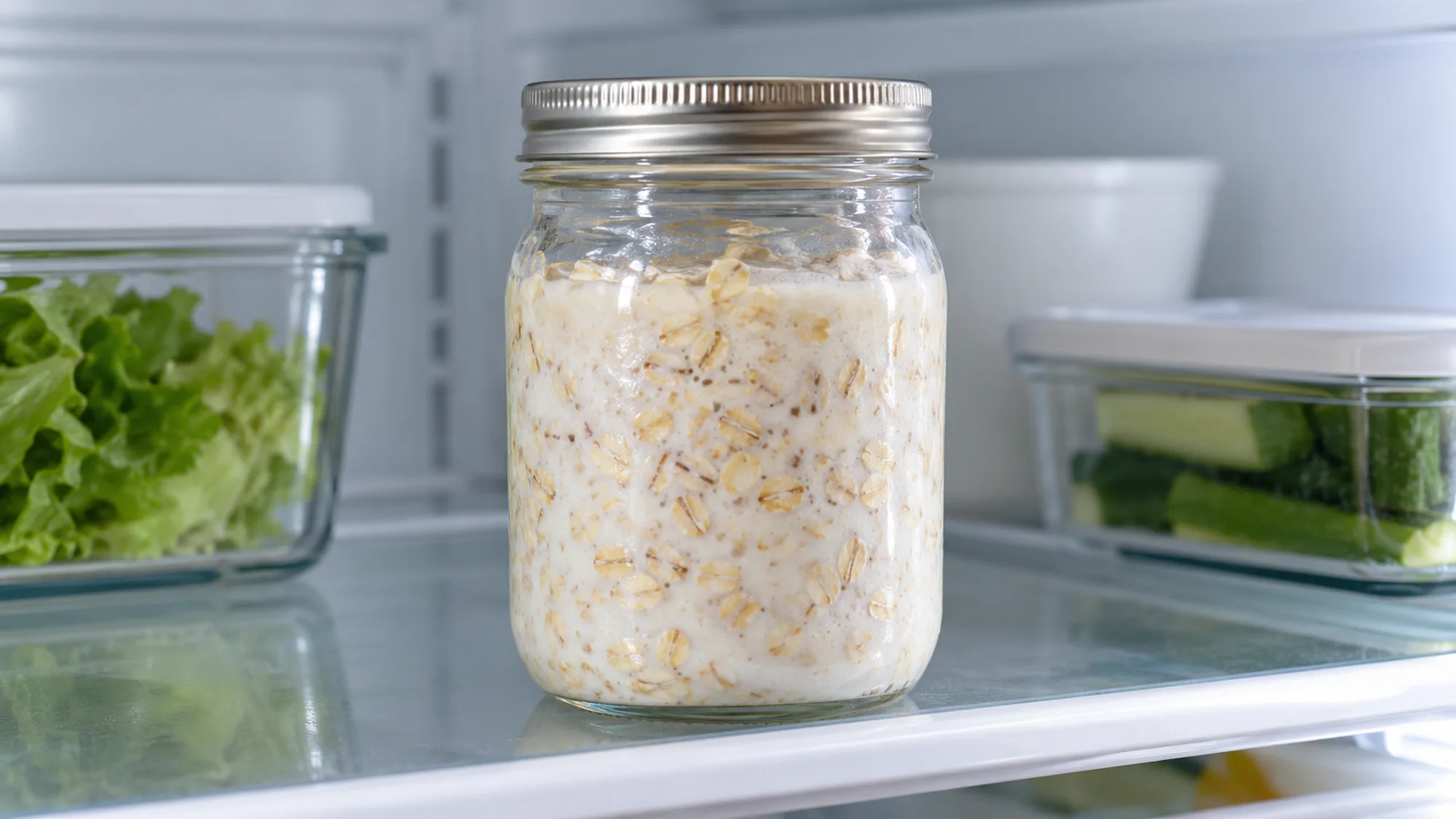 Old fashioned oats soaked with yogurt in a covered refrigerator jar