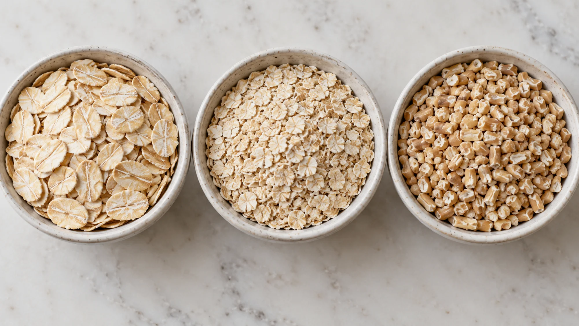 Old fashioned oats beside quick rolled oats and chopped steel-cut oat groats
