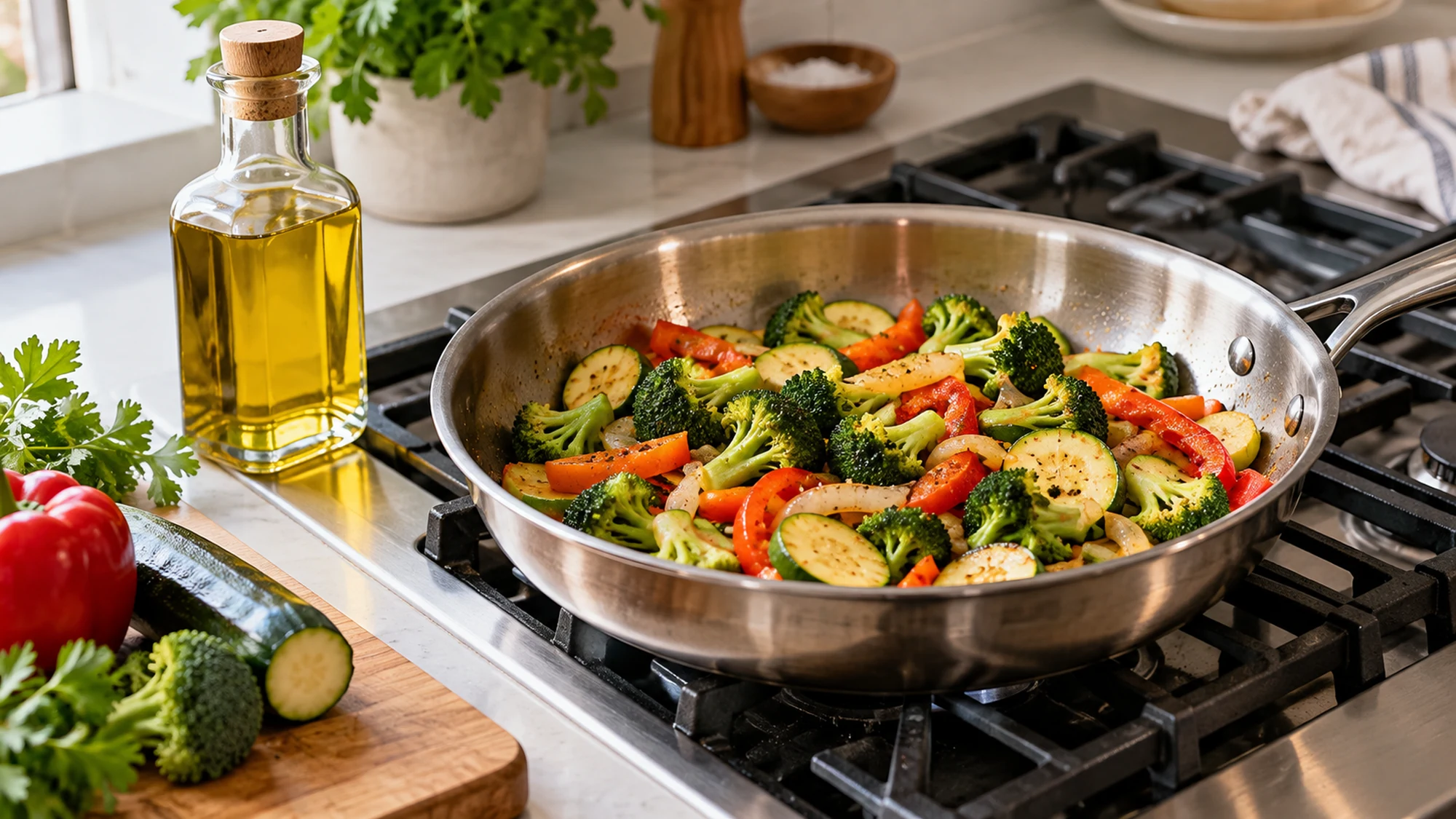 Sautéed vegetables in a skillet beside a bottle of olive oil