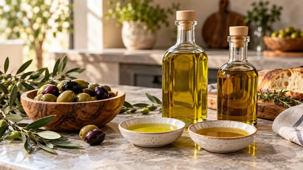Two bottles of olive oil with tasting dishes and whole olives