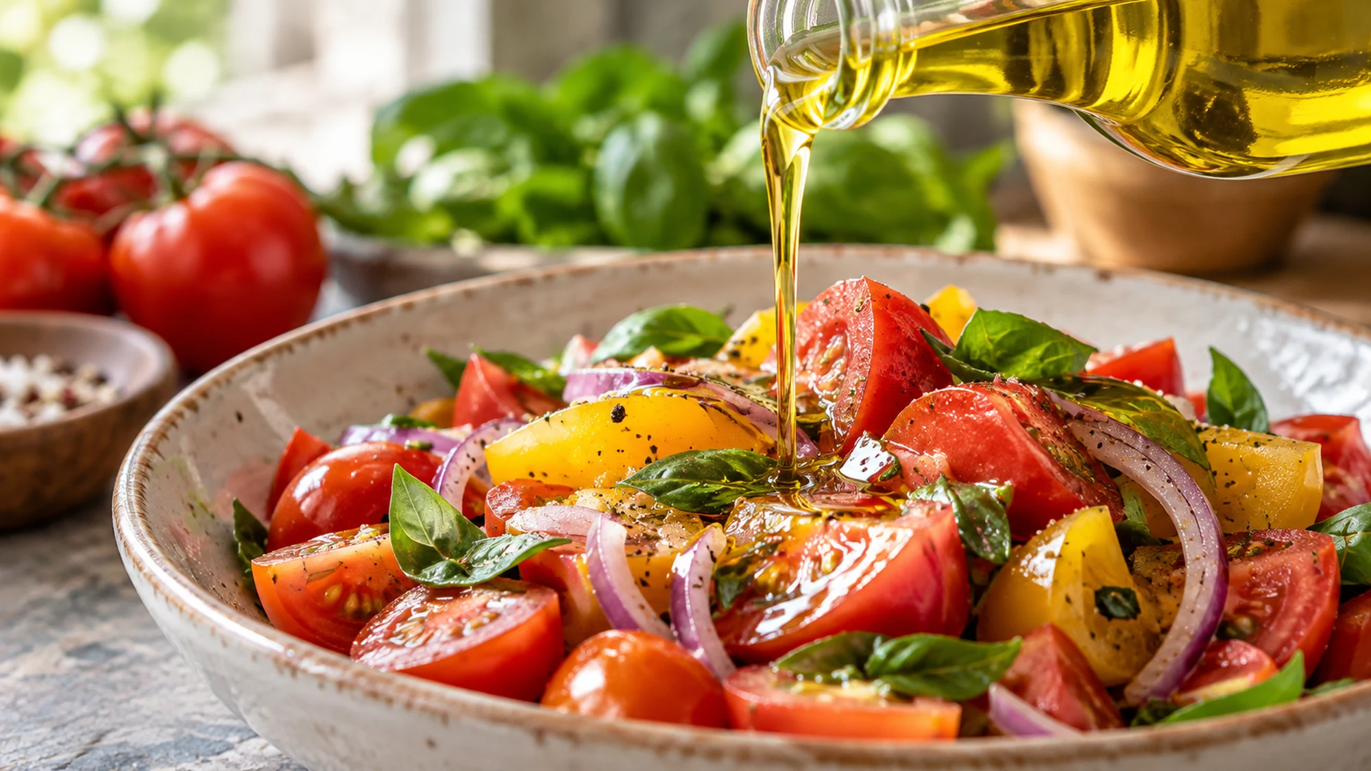 Olive oil pouring over tomatoes and red onion