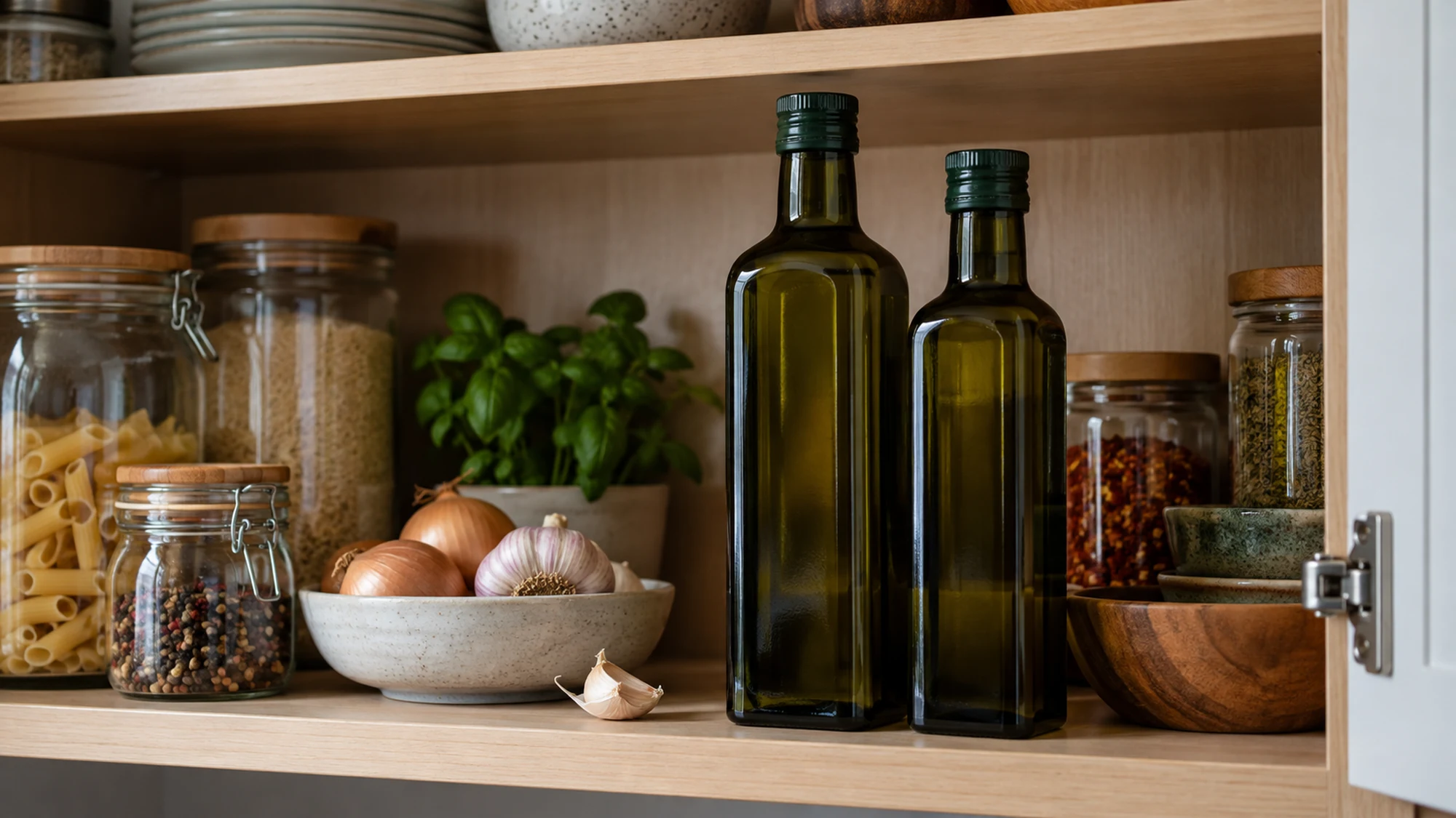 Dark glass olive oil bottles in a shaded cupboard
