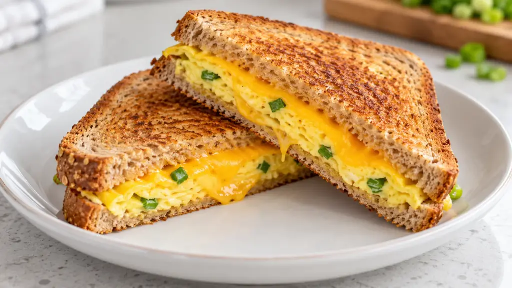 One-pan egg sandwich with folded egg, cheddar and scallions between golden whole-wheat toast