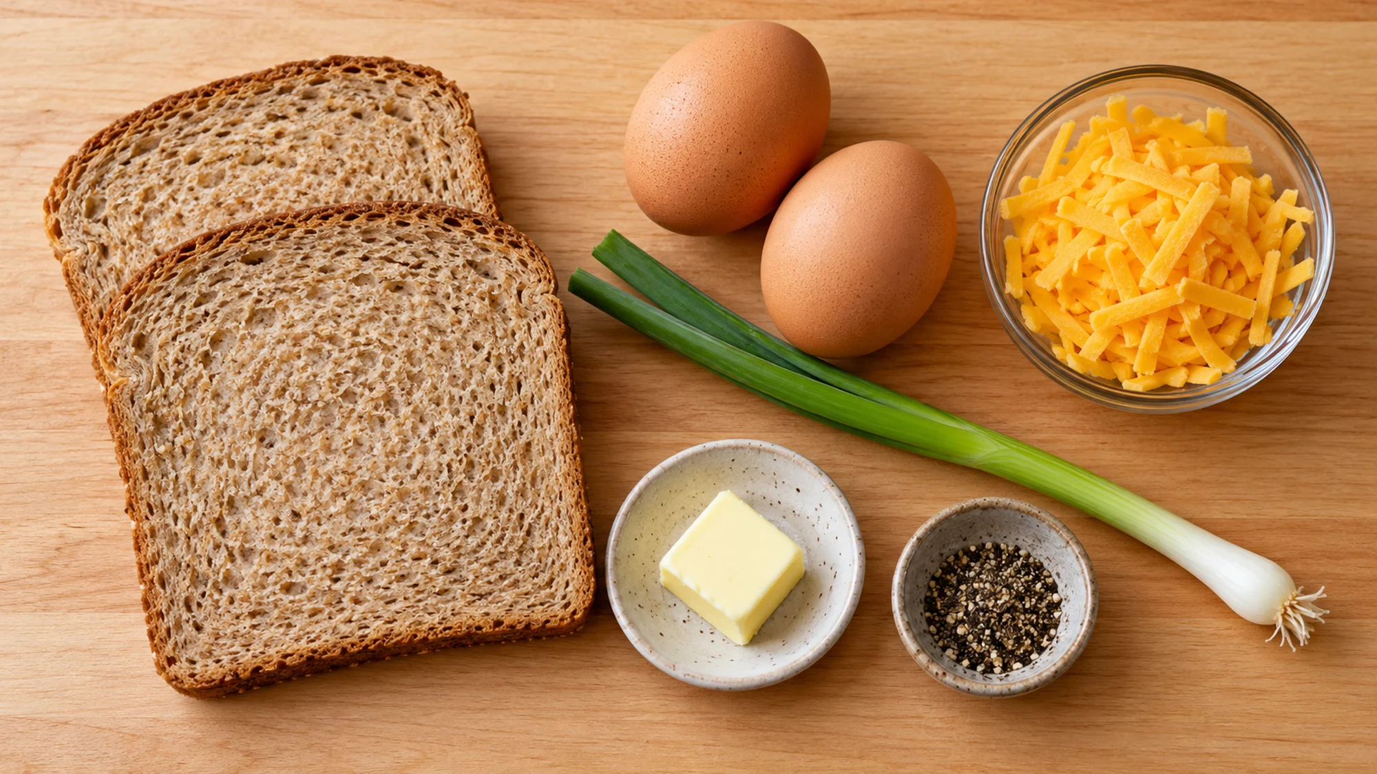Bread, eggs, cheddar, scallion and butter for a one-pan egg sandwich