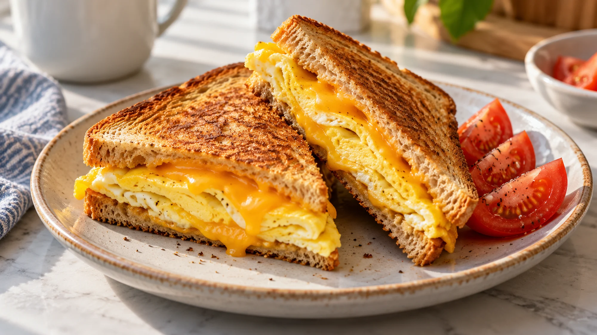 Toasted one-pan egg sandwich halves served with tomato wedges